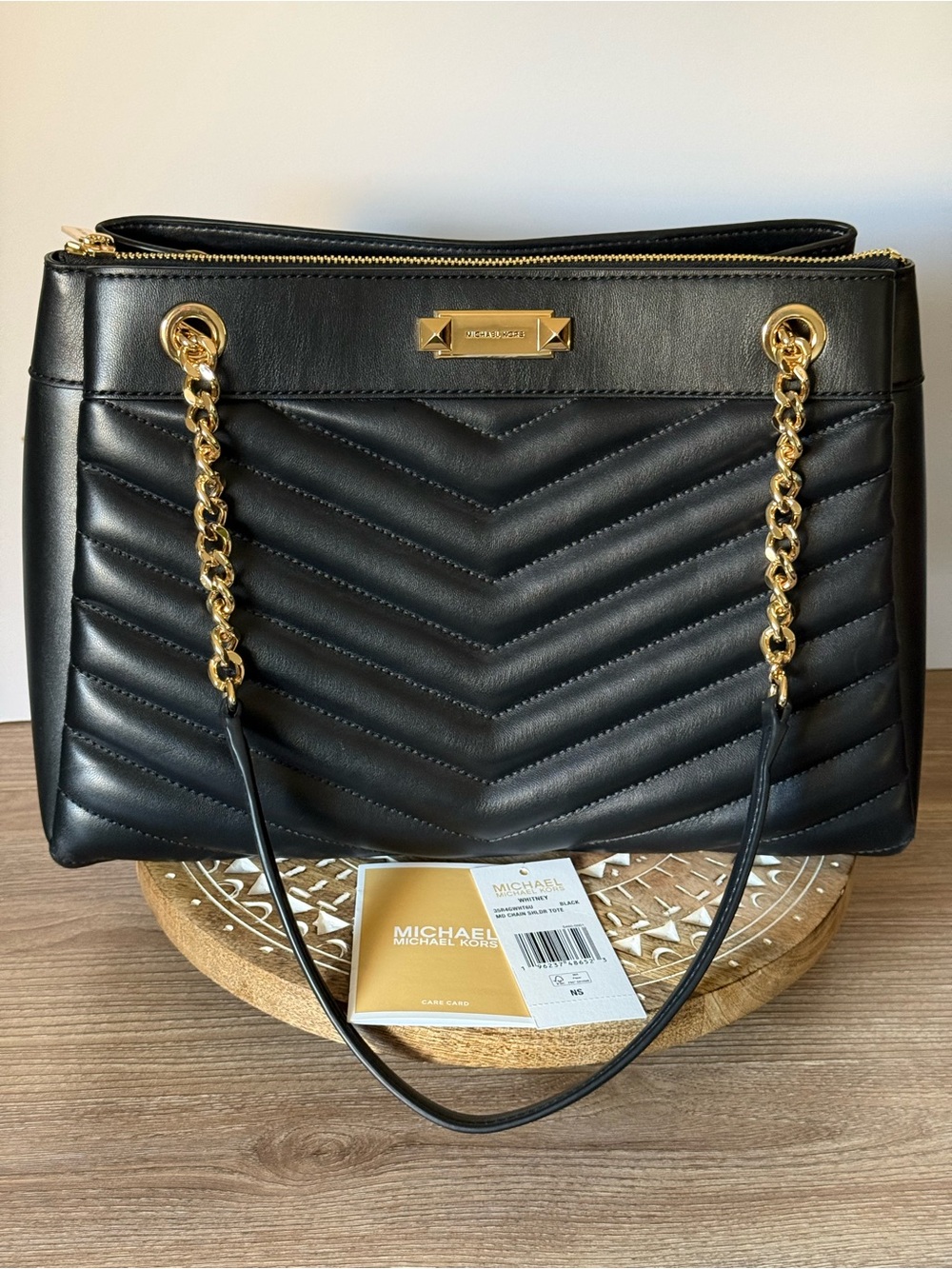 Michael Kors Whitney Medium Chain Shoulder Tote Black Gold EUC